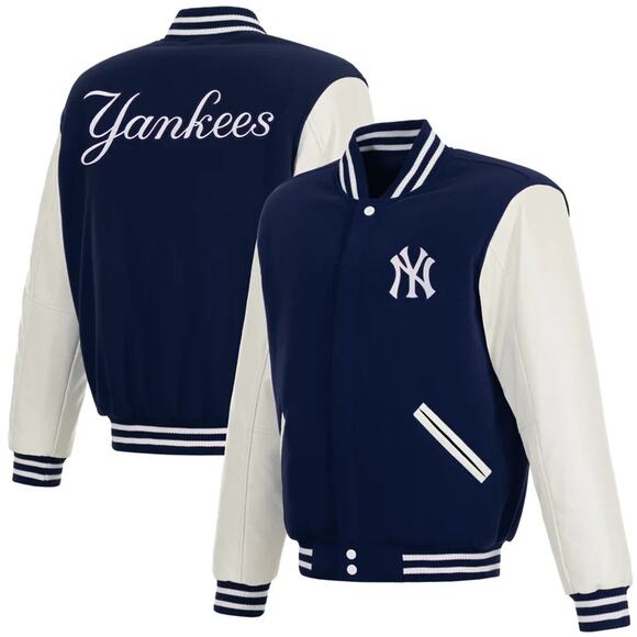 New York Yankees Reversible Fleece Jacket with Faux Leather Sleeves - Picture 1 of 7